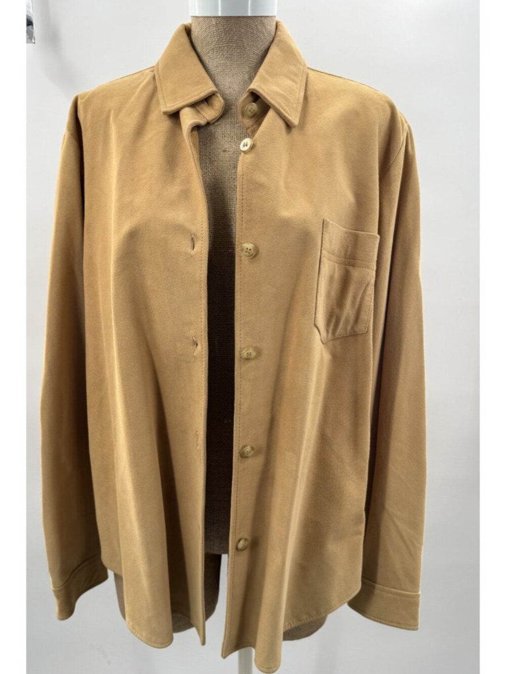 LL Bean Tan Beige Genuine Leather Suede Buttoned Shacket Shirt Jacket Women's XL